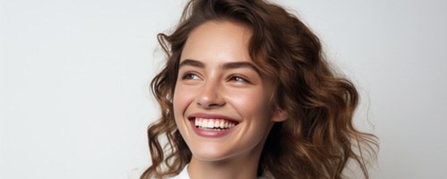 Woman showing off her new and improved smile 