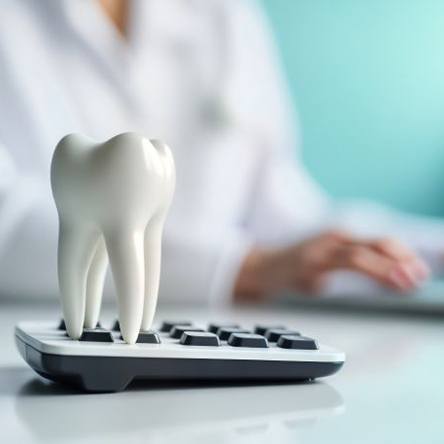Tooth model sitting on top of calculator