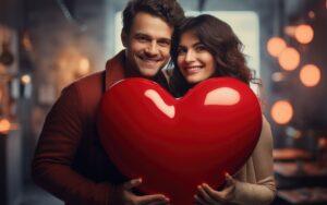 Man and woman smiling and holding a giant heart